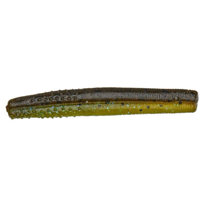 The Z-Man Finesse TRD by Z-Man is a durable, realistic worm-shaped fishing bait made from ElaZtech. It features a dual color of dark brown on top and greenish-yellow underneath, with a textured surface and embedded glitter to boost its Midwest finesse appeal.