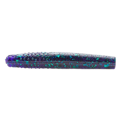 A close-up of the Z-Man Finesse TRD by Z-Man shows a purple and blue ElaZtech fishing lure with a cylindrical, ribbed body adorned with green glitter, inspired by Midwest finesse. Its shiny, textured design is perfect for attracting catches.