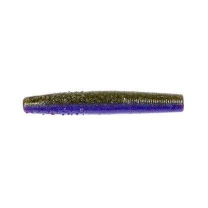 A close-up of the Z-Man Finesse TRD fishing lure, made from ElaZtech, reveals its two-toned design with a green top and purple bottom, perfect for Midwest finesse. Its elongated, cylindrical shape mimics a worm.