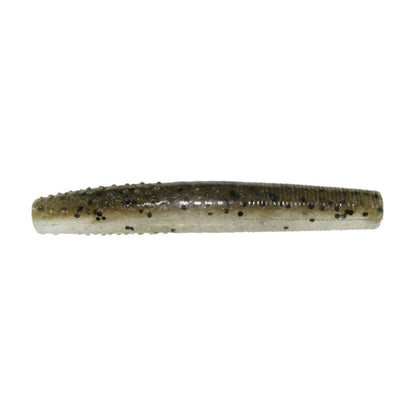 Close-up of a Z-Man Finesse TRD lure, crafted from durable ElaZtech material. This cylindrical, slightly tapering soft plastic resembles a worm with its green and black speckled texture. Designed for Midwest finesse techniques, it mimics natural bait for the Finesse TRD method.