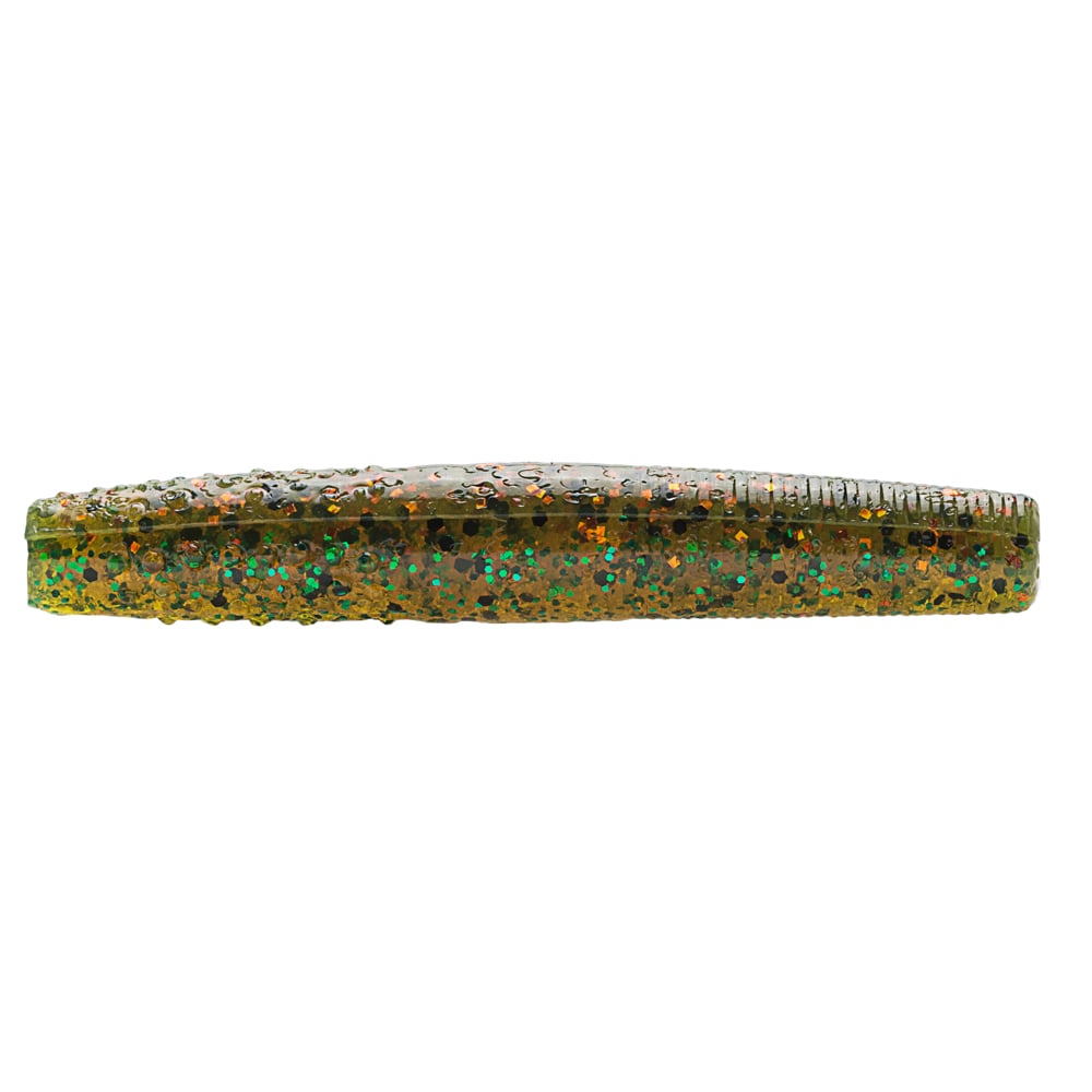 The Z-Man Finesse TRD, a green and brown ElaZtech lure with blue and orange glitter speckles, is elongated and segmented to mimic a worm or small fish. This Midwest finesse lure by Z-Man rests against a plain white background.