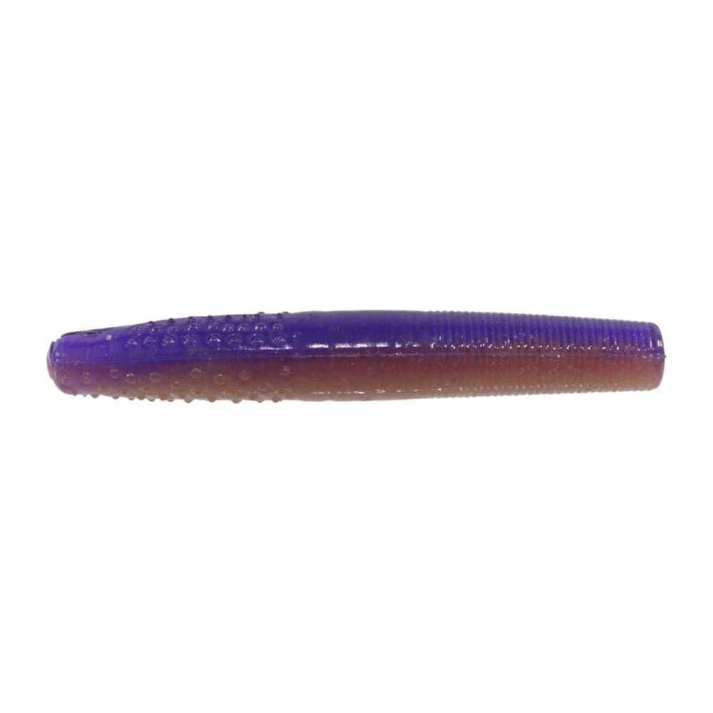 The Z-Man Finesse TRD by Z-Man is a close-up of a cylindrical soft plastic fishing lure. It transitions from purple to brown with textured ridges and bumps on its ElaZtech surface, ideal for Midwest finesse techniques.