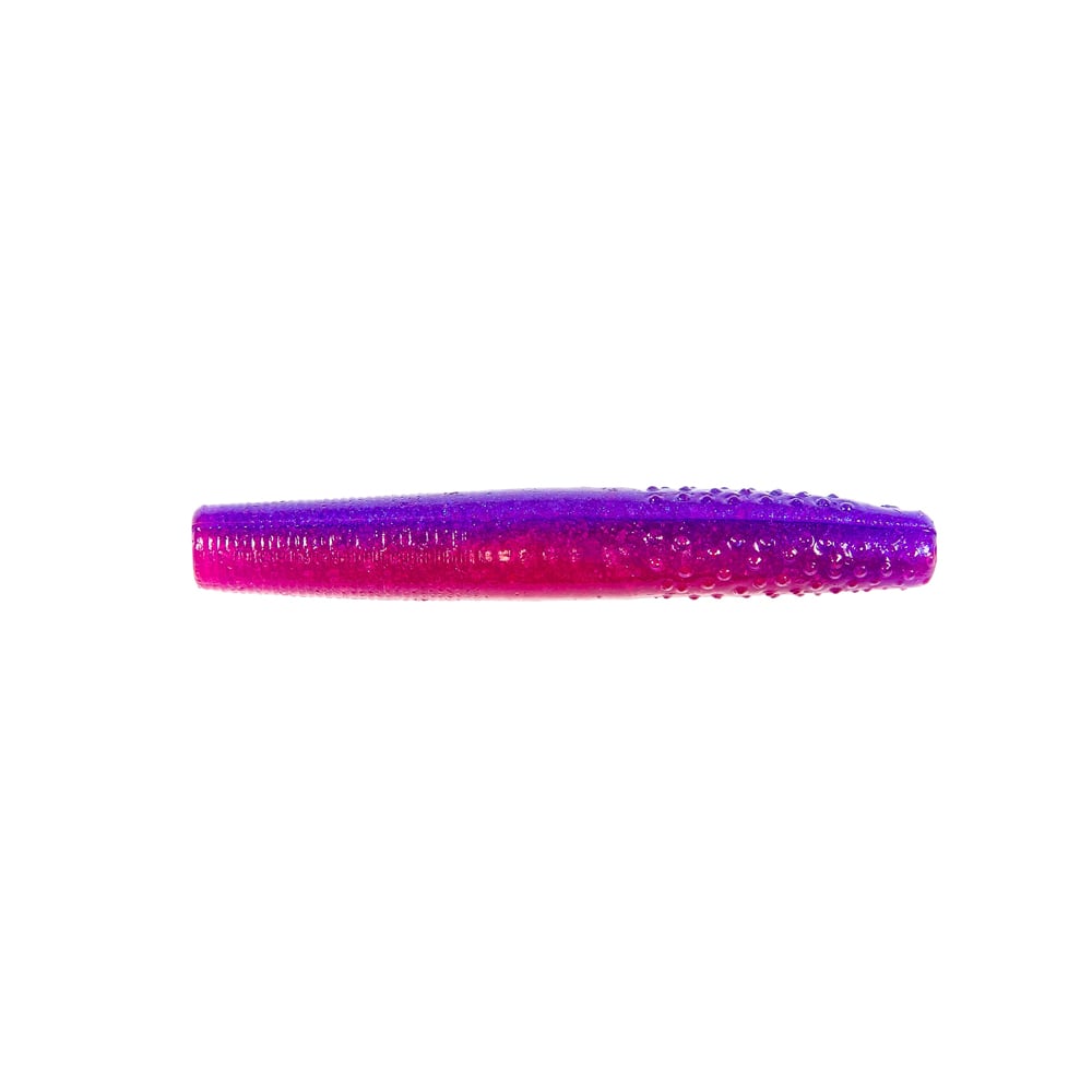 The Z-Man Finesse TRD by Z-Man is a colorful fishing lure made with ElaZtech, featuring a tapered, textured body. It showcases a gradient effect with a blue top and pink bottom, ideal for Midwest finesse techniques.