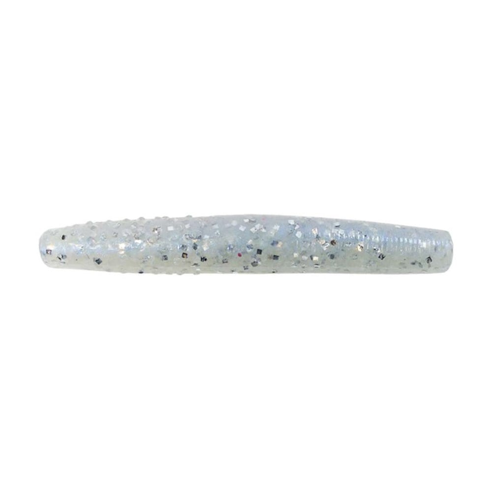 The Z-Man Finesse TRD by Z-Man is a soft plastic fishing lure shaped like a small, segmented worm, ideal for Midwest finesse techniques. Its pale blue color with embedded silver glitter gives it a shiny, speckled look.