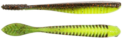 The Z-Man Trick ShotZ fishing lures, featuring tear-resistant ElaZtech construction, are shown horizontally. The top lure is elongated with a forked tail, while the bottom has a ribbed texture and paddle tail. Both are ideal as drop shot baits in green and brown speckles.