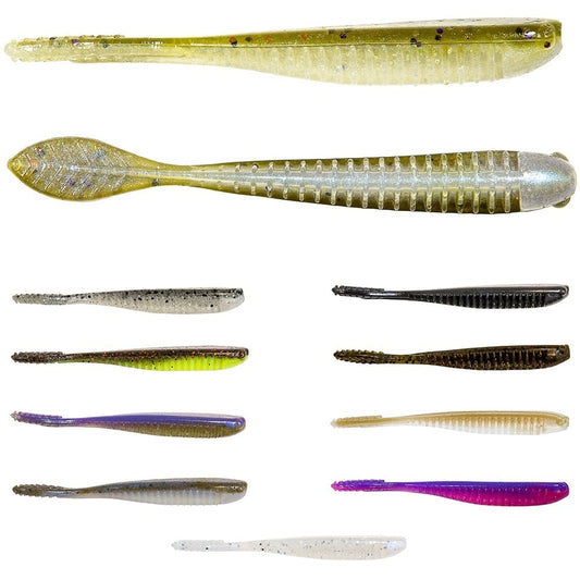 The Z-Man Trick ShotZ by Z-Man includes 12 soft plastic lures made from tear-resistant ElaZtech, featuring ribbed bodies and paddle tails. Available in green, brown, silver, purple, and white, these lures are perfect for drop shot fishing and displayed on a plain white background.