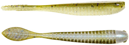 The Z-Man Trick ShotZ by Z-Man are two olive green translucent ribbed plastic fishing lures with paddle tails, designed for drop shot baits. They feature ElaZtech construction for enhanced tear-resistance and durability and include embedded glitter views from the top and bottom.