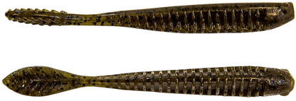 Two Z-Man Trick ShotZ, translucent green with black speckles, feature ribbed bodies and paddle tails. Made from ElaZtech, these side and underside views highlight their tear-resistant, segmented design.