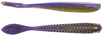 Z-Man Trick ShotZ offers two soft plastic fishing lures in purple and green. The top lure is elongated and smooth, while the ribbed, tear-resistant ElaZtech bottom one has a leaf-shaped tail. Their shiny, translucent design makes them perfect for drop shot baits.