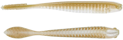 Two Z-Man Trick ShotZ translucent soft plastic fishing lures, featuring finned tails and ribbed design in beige and white, crafted from tear-resistant ElaZtech by Z-Man, displayed horizontally.