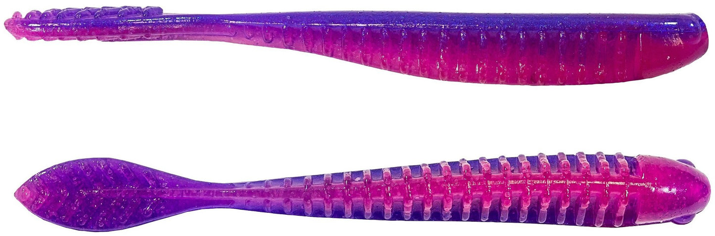 Two Z-Man Trick ShotZ soft plastic fishing lures, in purple and pink, crafted with tear-resistant ElaZtech, feature ribbed bodies and paddle tails. They are positioned side by side, highlighting their textures and shading.