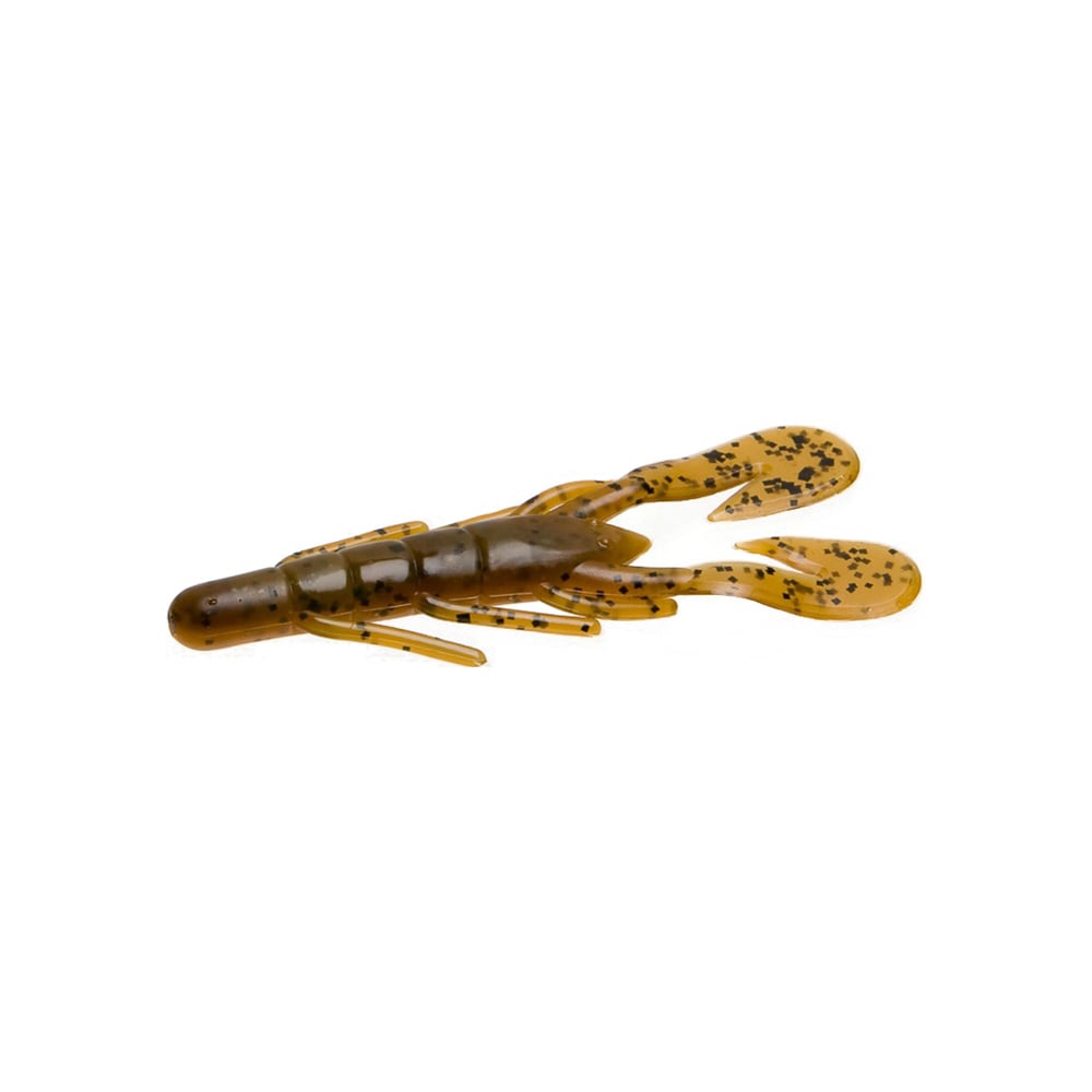 Introducing the Zoom UV Speed Craw: a soft plastic lure designed to resemble a crayfish, featuring light brown coloring with dark speckles. It showcases intricately detailed claws and a segmented body, making it the perfect trailer for fishing. This product is presented beautifully isolated against a white background.