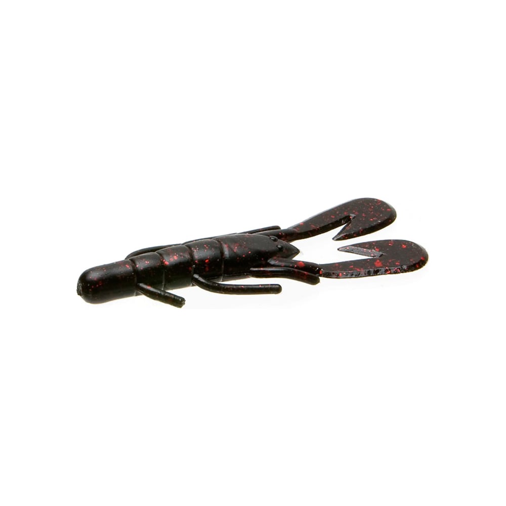 The Zoom UV Speed Craw, a fishing lure designed to mimic a crawfish with its black and red speckled pattern, features two large claws and a segmented body. Perfect as a trailer, it enhances your bait's appeal through its lifelike movement and striking appearance.