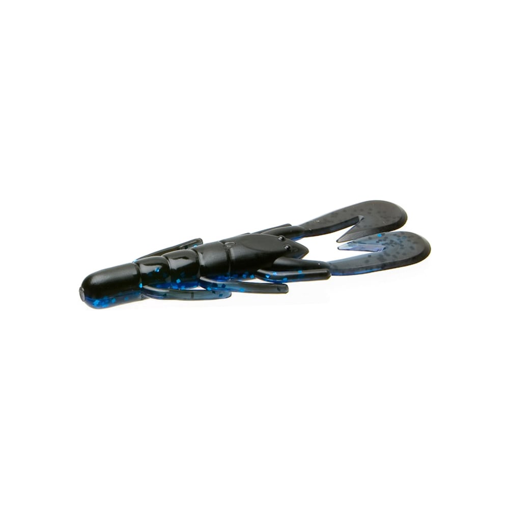 The Zoom UV Speed Craw is a lifelike blue-black plastic crayfish lure crafted by Zoom, featuring large claws and a segmented body, ideal for fishing when used as a trailer, set against a plain white background.