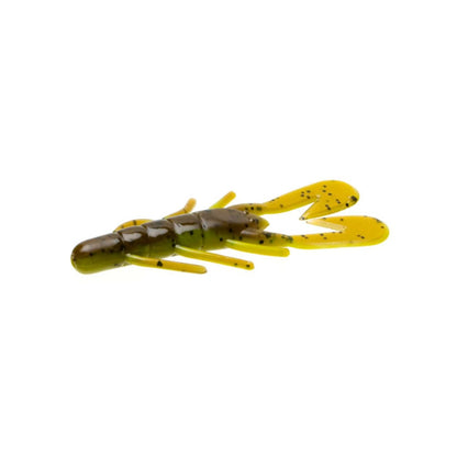 The Zoom UV Speed Craw, crafted by the brand Zoom, is a soft plastic fishing lure designed in the shape of a crawfish. It has a yellow and brown coloration with small legs and two large curved tails. This lure is perfect for bass fishing and serves excellently as a jig trailer, emulating natural movement in water with its distinct Ultra-Vibe Speed Craw design.