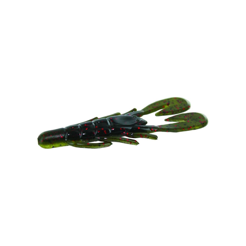 This Zoom UV Speed Craw, a green plastic crayfish lure adorned with red speckles and detailed claws, is perfect for fishing enthusiasts. Its appeal is further enhanced by the Speed Craw Ultra-Vibe trailer, showcasing it vibrantly against a plain white background.