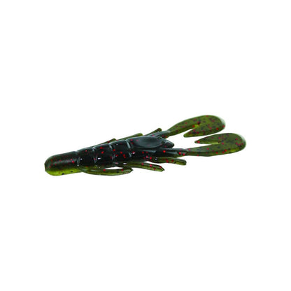 This Zoom UV Speed Craw, a green plastic crayfish lure adorned with red speckles and detailed claws, is perfect for fishing enthusiasts. Its appeal is further enhanced by the Speed Craw Ultra-Vibe trailer, showcasing it vibrantly against a plain white background.