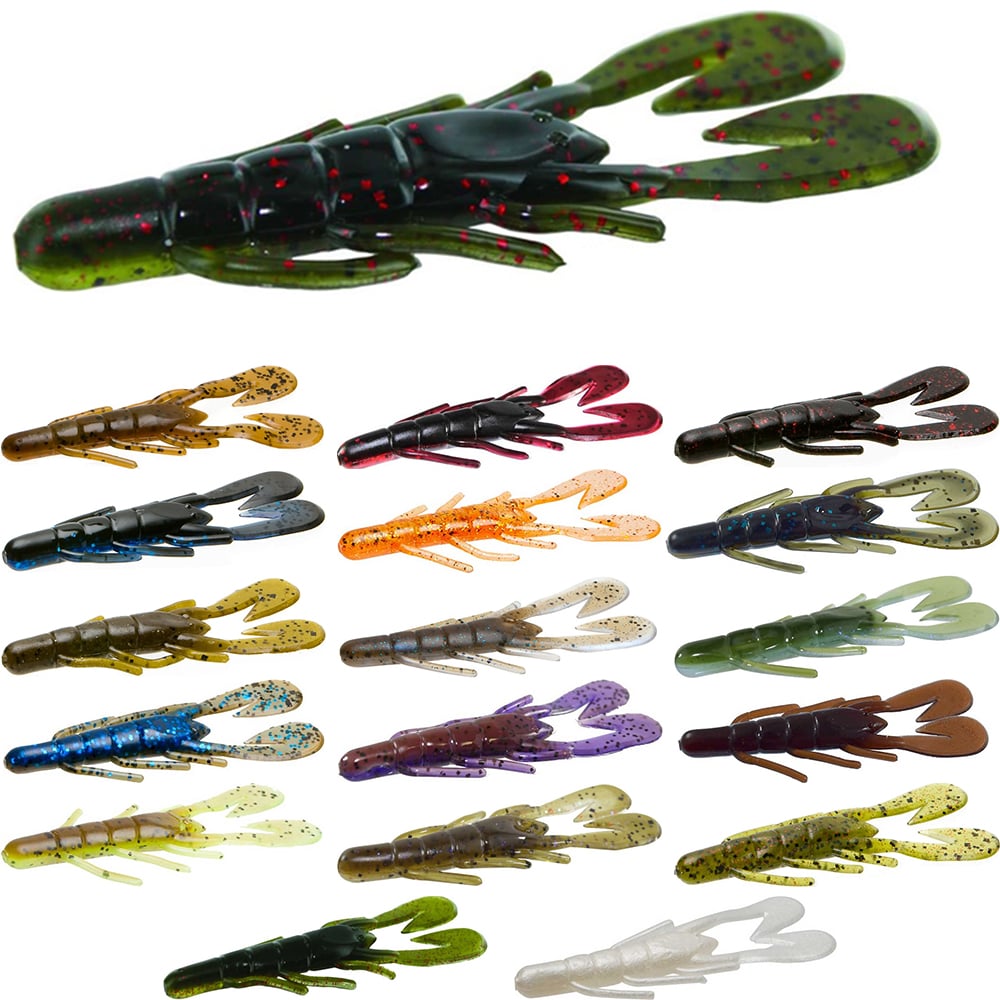 A range of Zoom UV Speed Craw lures from the Zoom brand, showcasing their vibrant colors and unique patterns. Each lure features claw-like appendages and a segmented body, ideal for use as a trailer to attract fish with their Ultra-Vibe action, all arranged in rows.