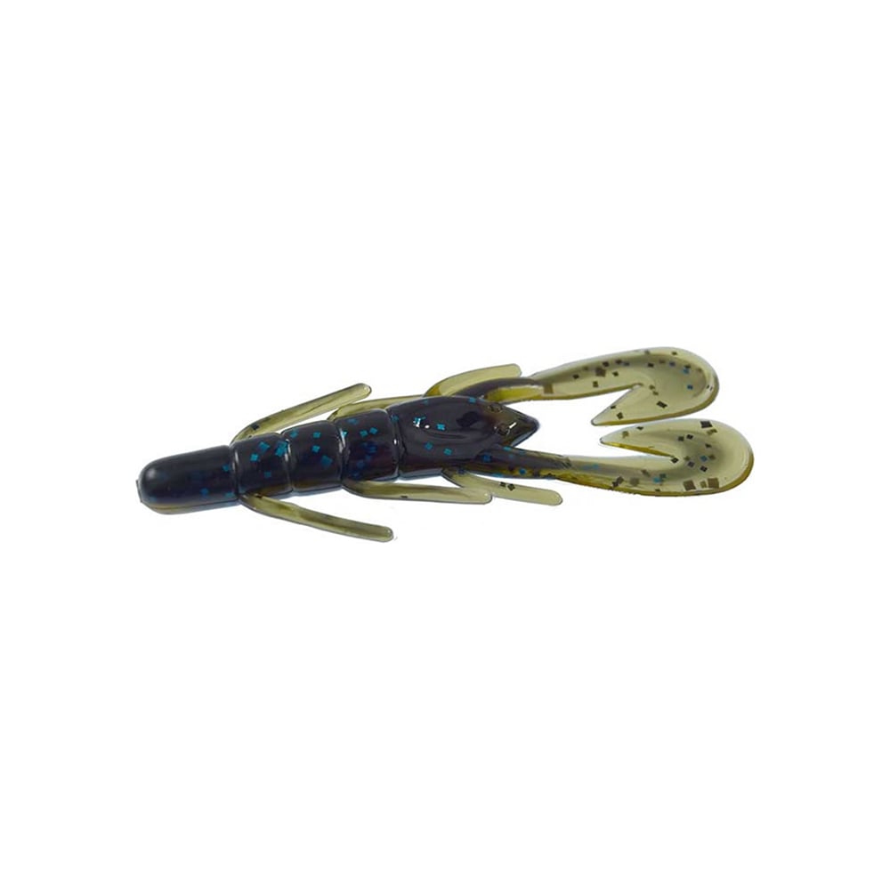 The Zoom UV Speed Craw is a soft plastic fishing lure, designed by Zoom, in green and blue hues. It expertly mimics a crawfish with its fast-paddling tails and small side appendages. Its body and tails are adorned with blue glitter and dark speckles, making it a highly tempting option for an irresistible catch.