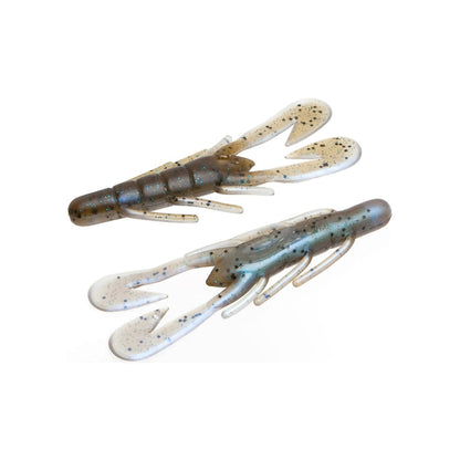 The Zoom UV Speed Craw includes two realistic soft plastic crayfish fishing lures, one in light brown and the other in blue-gray. They feature speckled patterns and detailed claws, perfectly mimicking the natural motion of a Speed Craw. These lures are ideal as trailers for your favorite jig setup.