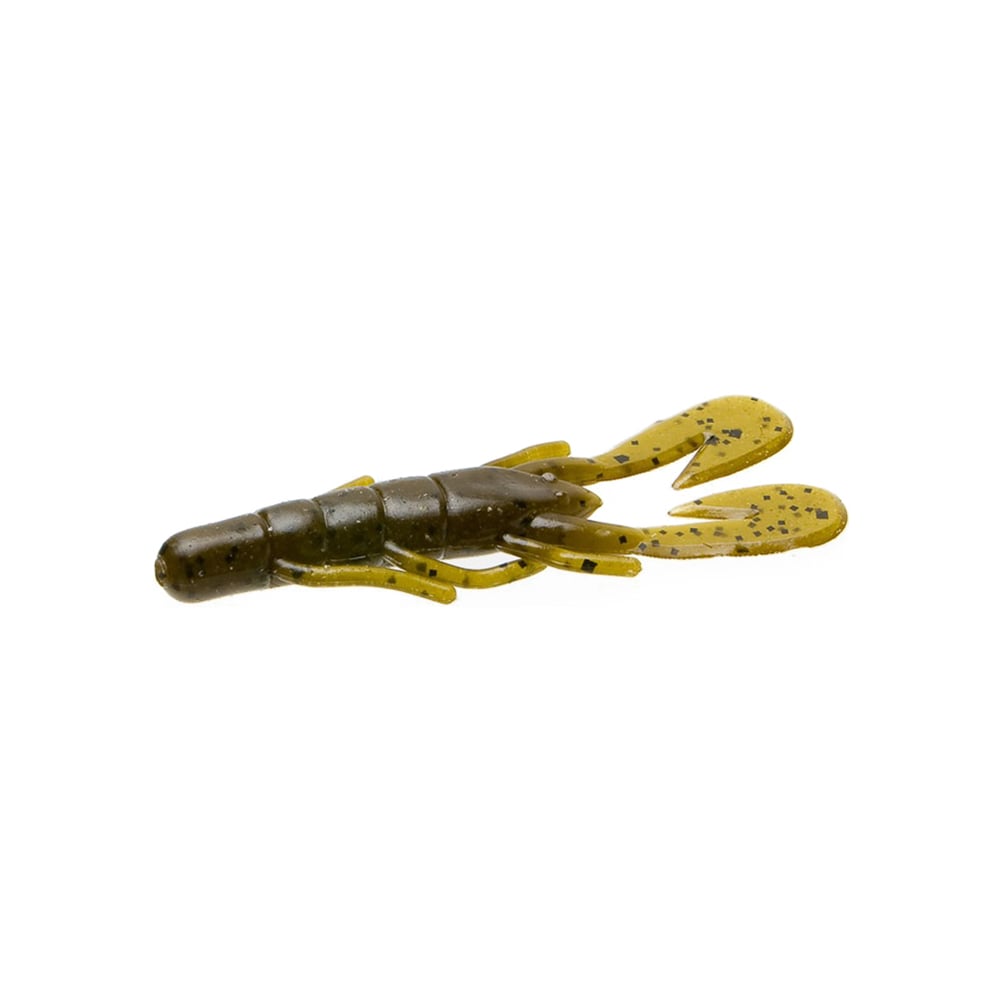 Introducing the Zoom UV Speed Craw, a plastic fishing lure designed to resemble a crayfish. It features a dark brown body with two prominent Ultra-Vibe yellow claws adorned with black speckles. Ideal for use as a trailer, this lure is set against a plain white background, ready to enhance your fishing experience.