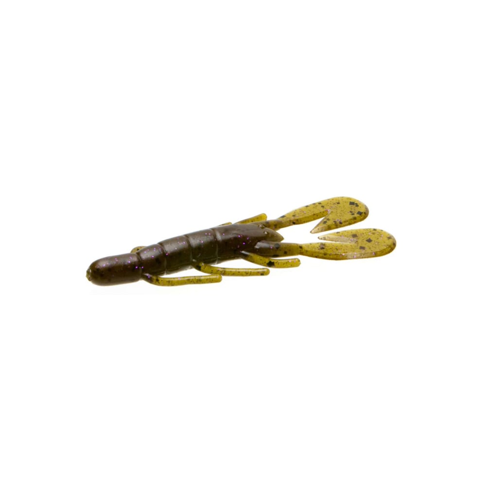 The Zoom UV Speed Craw fishing lure, offered by Zoom, boasts a realistic brown and green design that mimics a crawfish with two prominent claws and a segmented body. Ideal for use as a jig trailer, it is expertly crafted to attract fish with its lifelike movement.