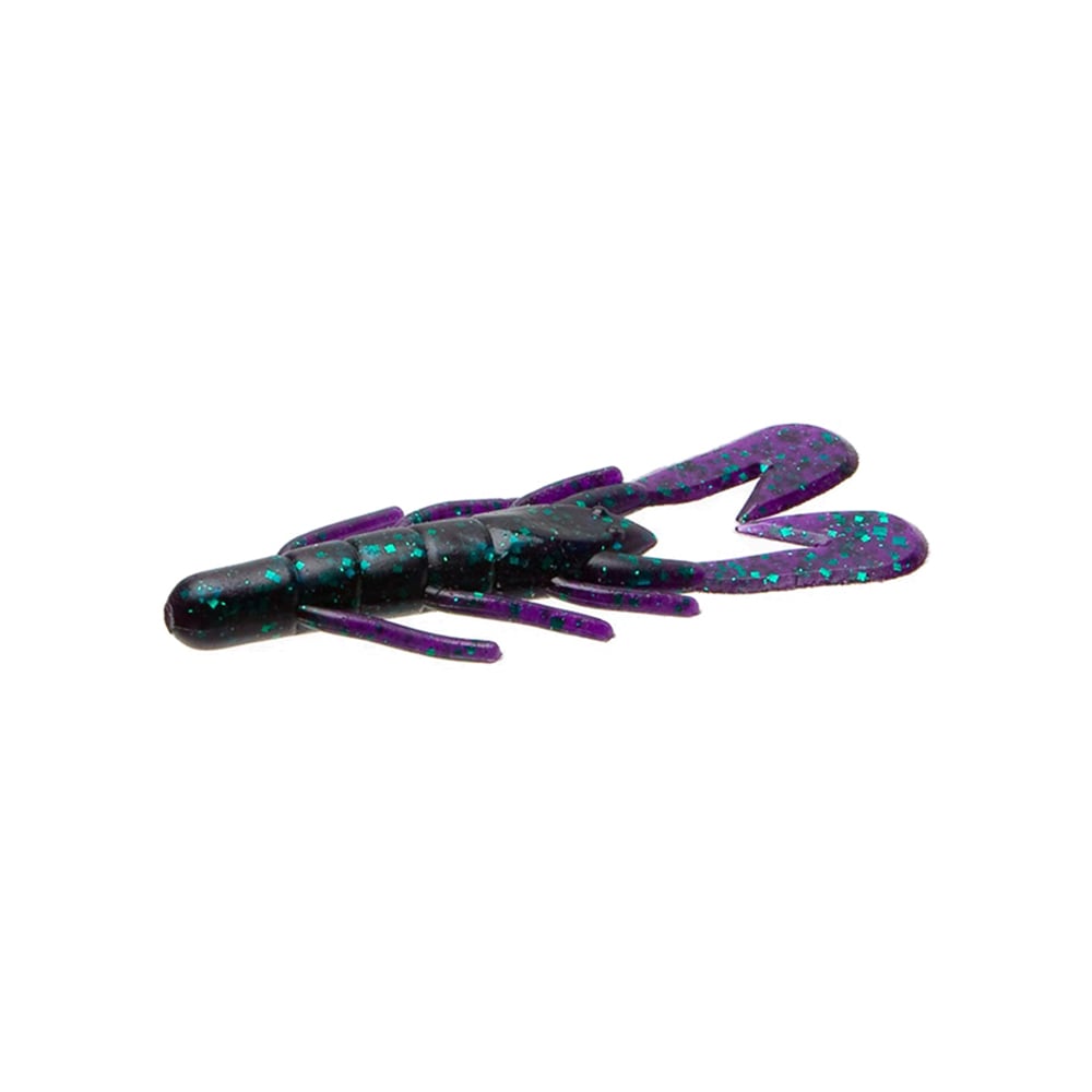 Introducing the Zoom UV Speed Craw, a purple and black artificial fishing lure that mimics a crawfish and includes glitter details. Designed with multiple appendages to entice fish, it's perfect for use as a jig trailer or paired with the Zoom Ultra-Vibe Speed Craw for superior results.