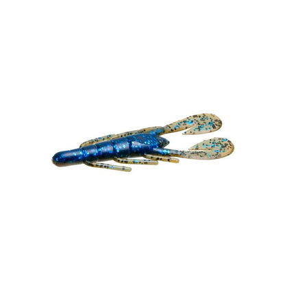 The Zoom UV Speed Craw, crafted by Zoom, is a blue and translucent fishing lure designed to resemble a crawfish. It features speckled blue and black spots across its body and pincers, while its ultra-vibe design makes it an enticing trailer for any fishing arrangement.