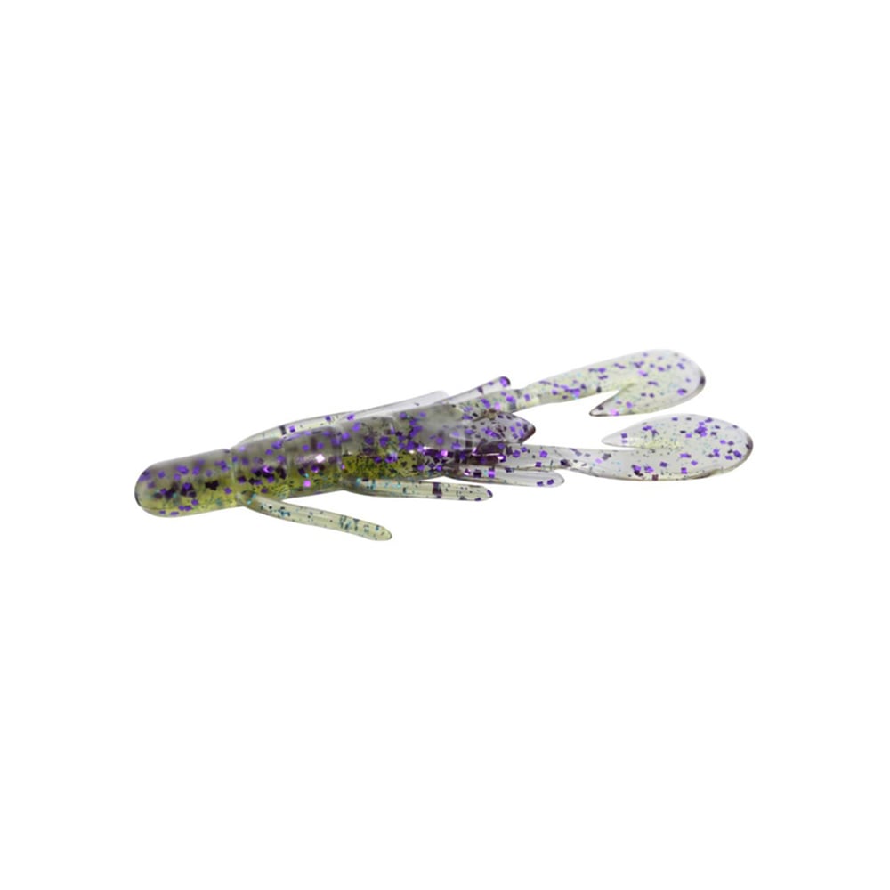 The Zoom UV Speed Craw by Zoom is a soft plastic fishing lure designed to resemble a small creature. It features a translucent body adorned with purple and green speckles. Specifically crafted as a jig trailer, it includes multiple appendages for lively underwater movement.