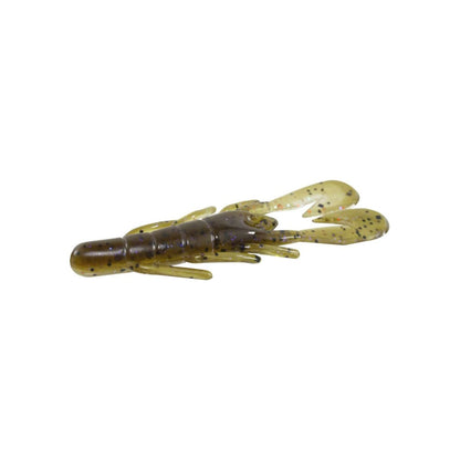 Introducing the Zoom UV Speed Craw, a highly realistic soft plastic fishing lure crafted to mimic a crayfish. This olive-green creation, adorned with speckled black dots, boasts two claws and a segmented body. Its fast-paddling tails deliver an irresistible action in the water, all beautifully displayed against a crisp white background.