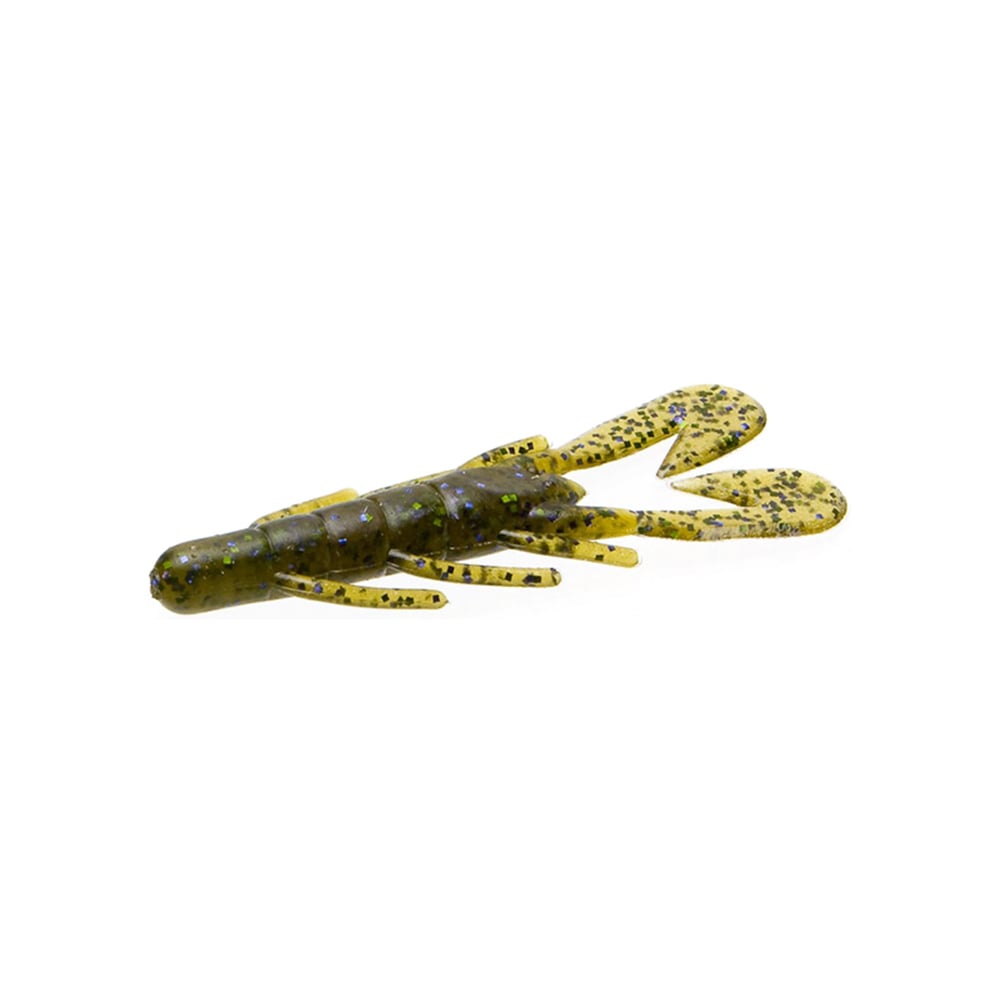 A close-up of the Zoom UV Speed Craw fishing lure, in vibrant green and yellow hues, highlights its compact shape and speckled design. It features fast-paddling tails that evoke the lively motion of a crayfish.