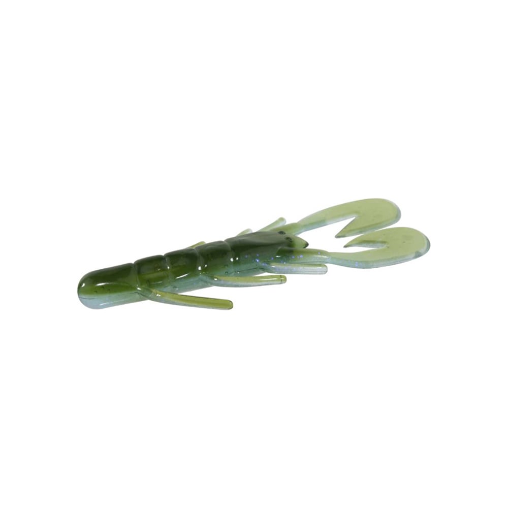 The Zoom UV Speed Craw, a green plastic fishing lure crafted by Zoom, resembles a crayfish with intricate legs and pincers. It features Zoom's signature fast-paddling tails and is presented on a plain white background, poised to elevate your angling adventure.