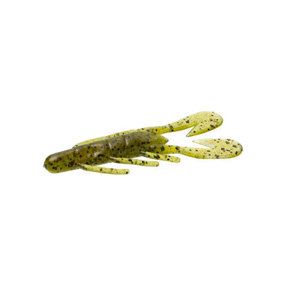 The Zoom UV Speed Craw is a green plastic fishing lure that resembles a crayfish, featuring speckled black and red patterns, ideal for use as a trailer, shown against a white background.