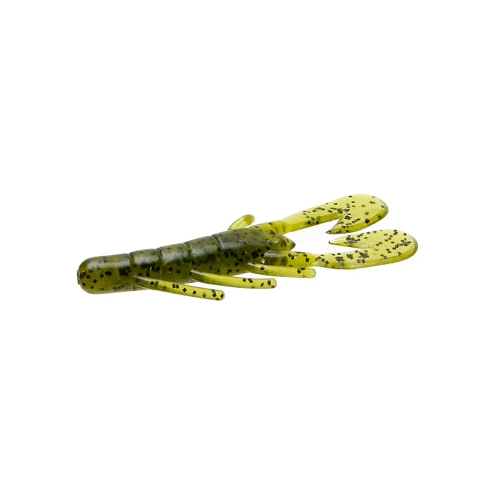 A realistic green and yellow Zoom UV Speed Craw fishing lure, crafted from plastic and shaped like a crawfish with black speckles, ideal for use as an Ultra-Vibe Speed Craw jig trailer, set against a plain white background.