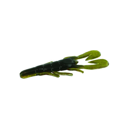 The Zoom UV Speed Craw, a green and black plastic crayfish lure with swift-moving tails and sizable pincers, is ideal for fishing. Its lifelike design and textured features make it highly appealing, showcased beautifully against a plain white background.