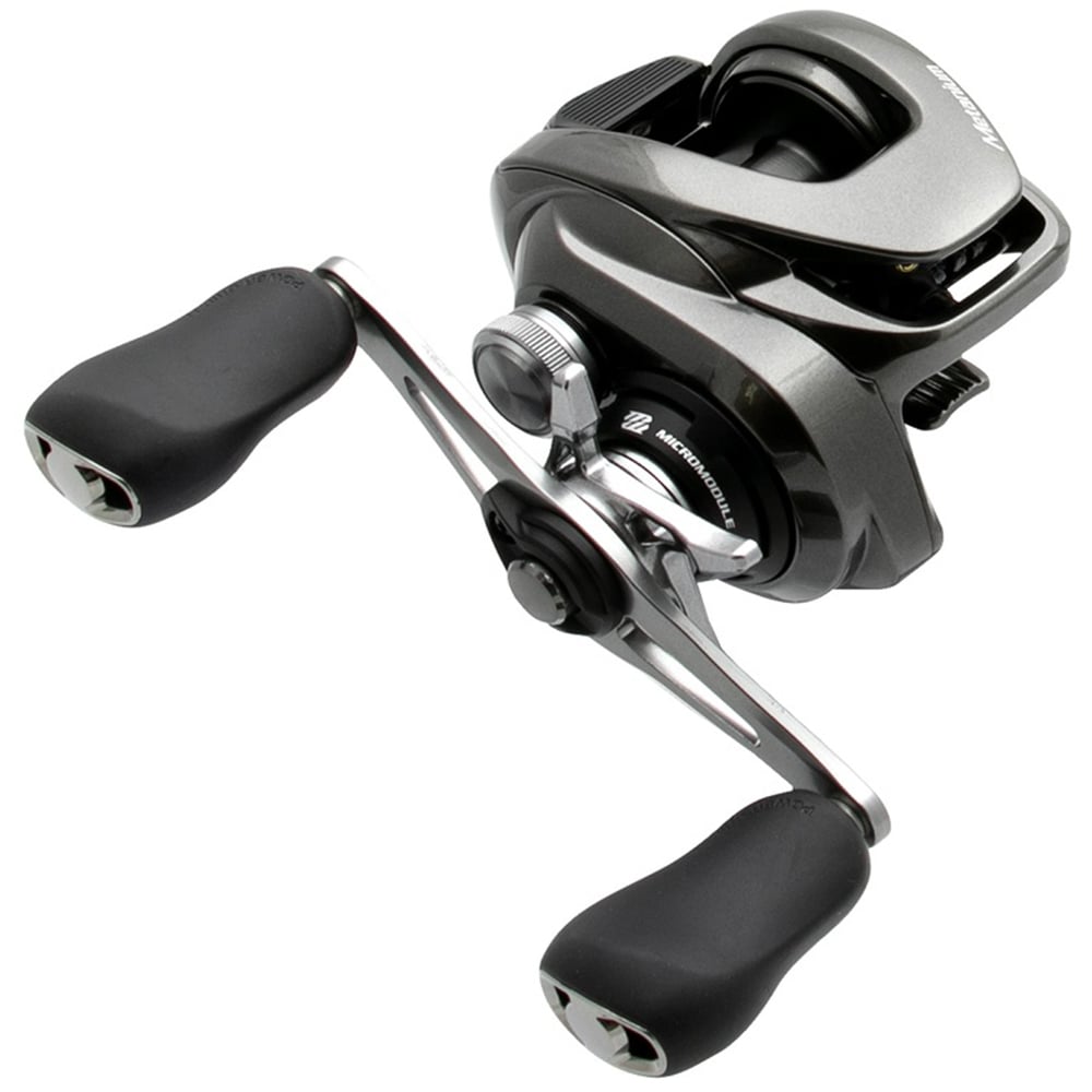 The Shimano Metanium MGL 150B 6.2:1 Casting Reel by americanlegacyfishing features dual black handles, a sleek metallic finish, visible spool, adjustable knob, and sturdy Magnesium CoreSolid body for optimal performance.