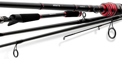 A close-up of three sophisticated Daiwa Ardito-TR Travel Rods 7' ARDT703MFB-TR showcases HVF Graphite construction with red accents. Each rod flaunts a modern design, multiple guides, and the Daiwa Ardito-TR logo near the handles.