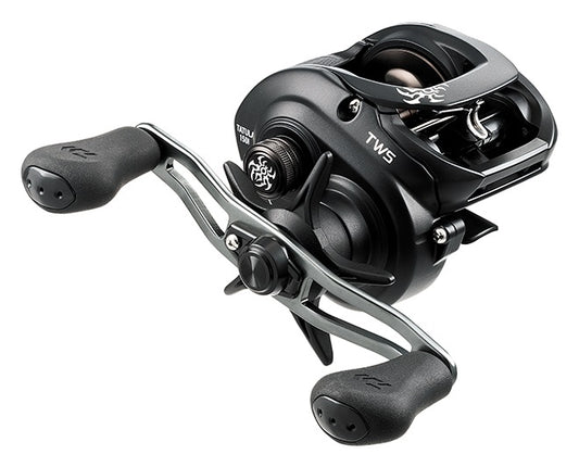 Meet the Daiwa Tatula 150 Baitcasting Reel - TAT150HSL, a sleek black and metallic reel ideal for bass fishing. Featuring ergonomic dual handles, a visible spool, intricate engineering, and the "TWS" label for enhanced performance on every fishing trip.