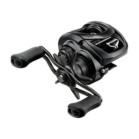 The Daiwa Tatula Elite 100XSL 8.1:1 Left Hand Casting Reel by Daiwa showcases ergonomic dual-knob handles with a sleek design and visible metal elements, featuring a Magforce braking system for precise tension adjustments to enhance casting accuracy.