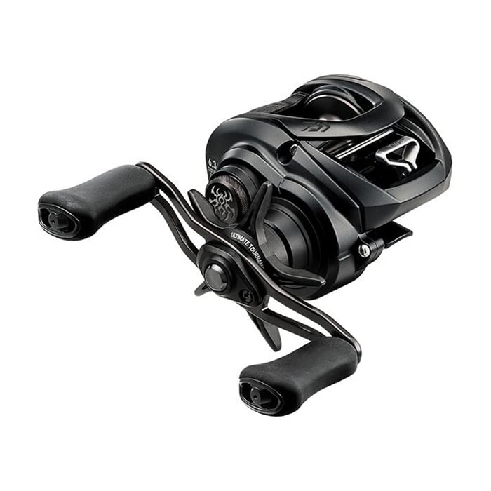 The Daiwa Tatula Elite 100XS 8.1:1 Casting Reel features a sleek, ergonomic design with dual handles and metallic accents, ideal for distance casting. Its modern, black finish and angled position enhance its elegant curves and functionality.