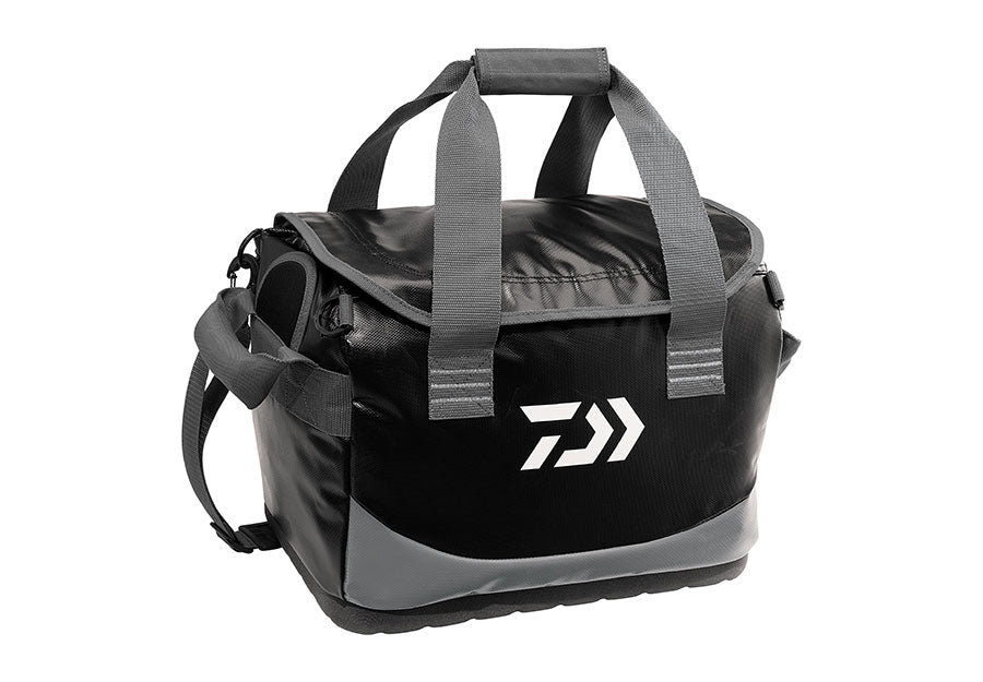 The Daiwa D-Vec Boat Bag Medium is a black and gray duffel with reinforced handles, shoulder strap, stylized white arrows logo on the front, and a top flap closure. Crafted in waterproof fabric for durability.