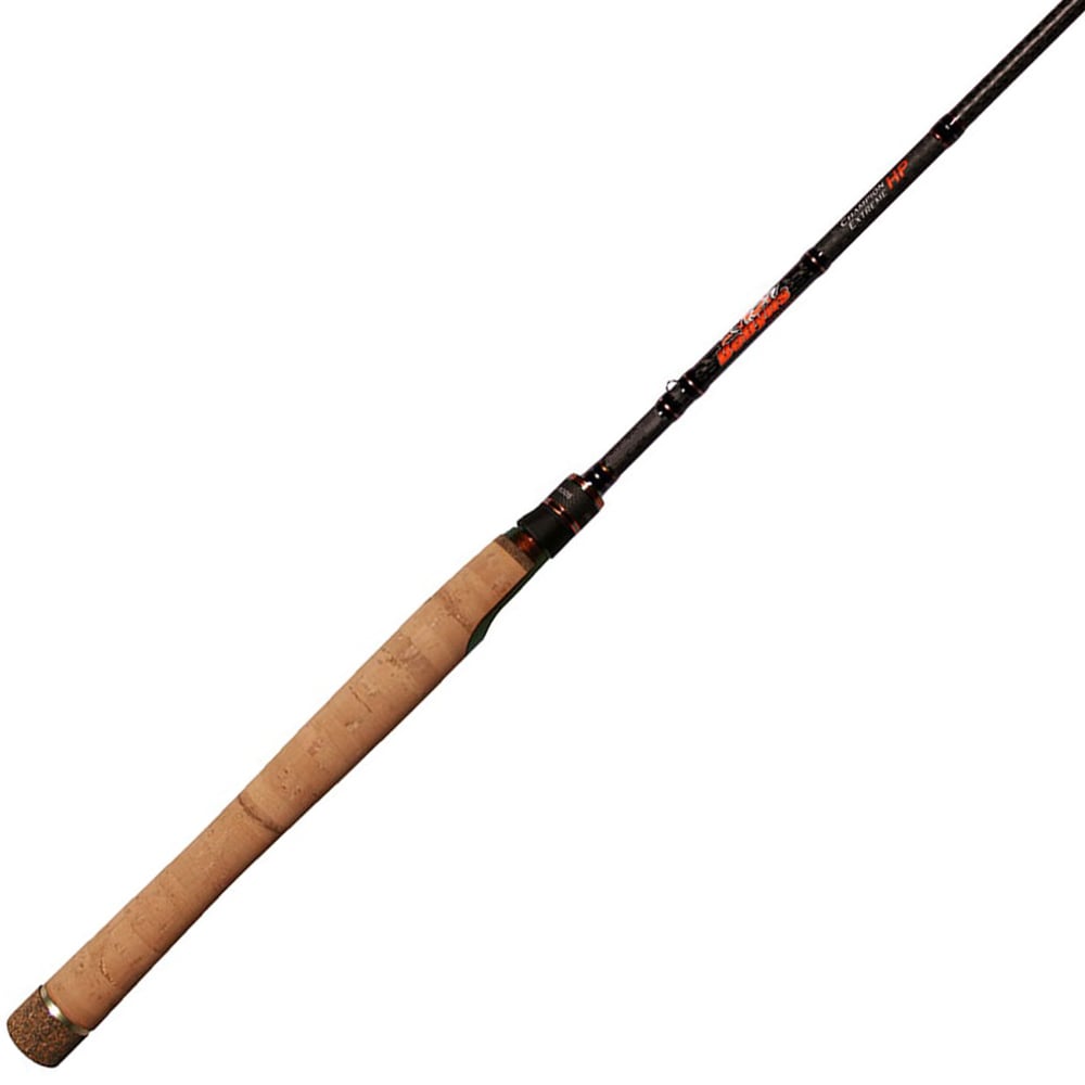 The Dobyns Champion Extreme HP 7'4" Medium Light Spinning Rod showcases a cork handle and sleek black graphite shaft, with text hinting at expert craftsmanship. Positioned diagonally on a white background, it creates a striking display.