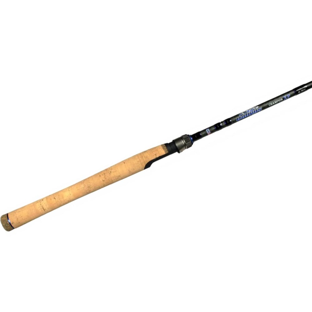 The Dobyns Champion XP 7'6" Medium Light Spinning Rod | DC 762SF from americanlegacyfishing features a sleek black shaft with a cork handle and metal guides.