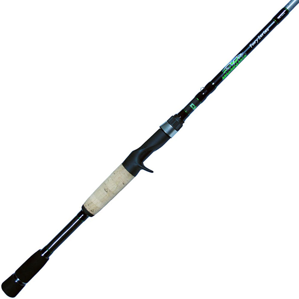 The Dobyns Fury 7'3" Heavy Casting Rod (FR 734C) by American Legacy Fishing boasts a sleek black and green design, crafted with high modulus graphite. Its cork handle and trigger grip offer easy handling, making it the perfect lightweight choice for heavy casting.