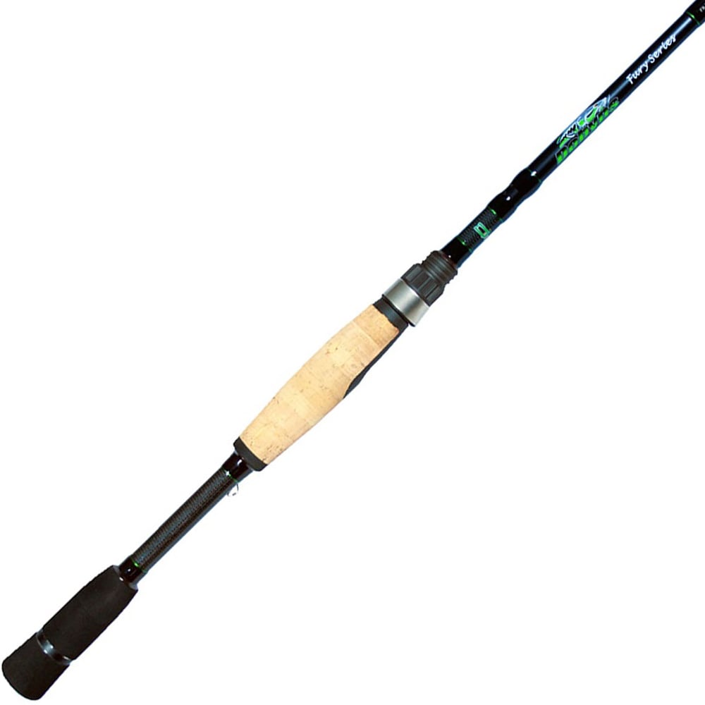 A close-up of the Dobyns Fury 7' Medium Spinning Rod FR 703SF by americanlegacyfishing showcases its cork handle and sleek dark high modulus graphite construction. The rod is adorned with green and white graphics near the handle, leading to a Fuji reel seat, while the tip extends out of the image frame.