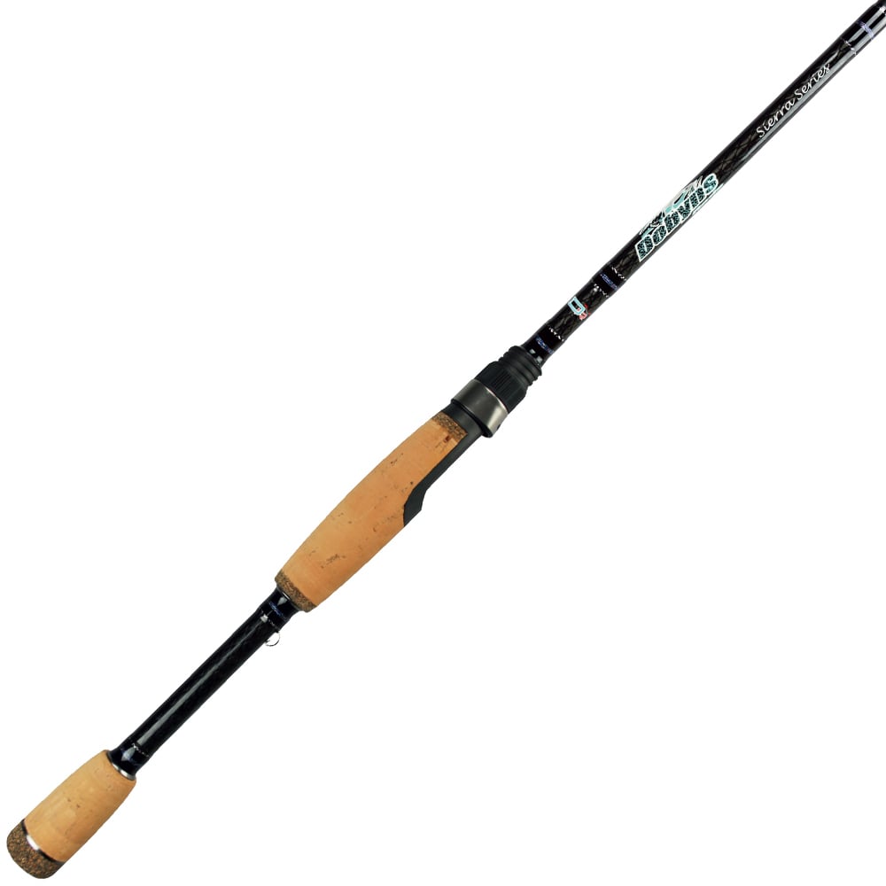 A Dobyns SIERRA Series 7' Medium-Heavy Spinning Rod (SA 704SF) by americanlegacyfishing features a glossy black and tan design with cork handles. It is crafted from high modulus graphite, labeled "SCORPION CAGE" and "3 KINGS," and showcases sleek metallic accents and Fuji Alconite guides, set diagonally against a white background.