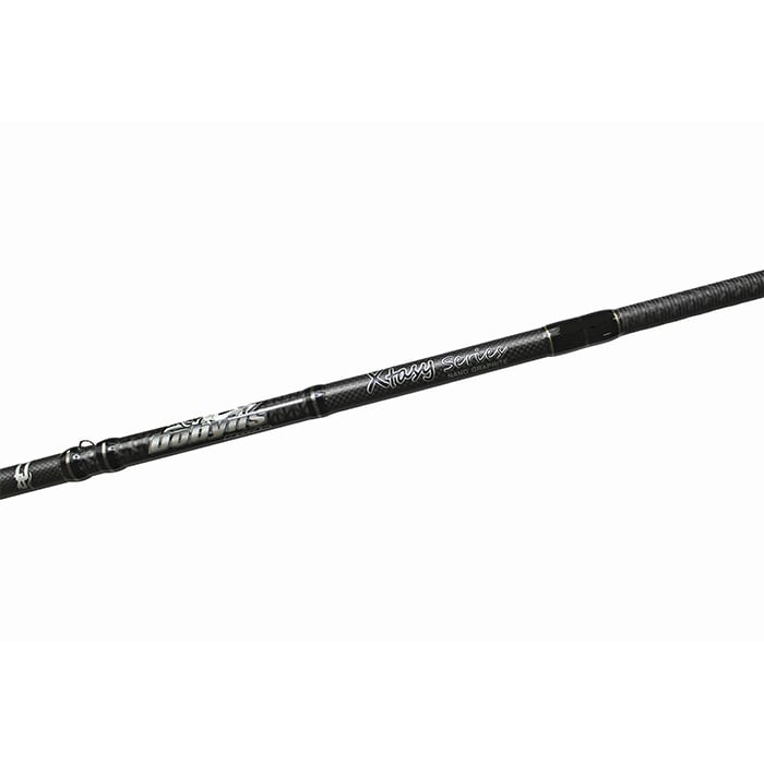 Close-up of a black fishing rod with textured grip and Fuji Torzite guides, labeled "Xtr Heavy Series." Its sleek design echoes the Dobyns Xtasy 7'2" Medium Heavy Casting Rod from americanlegacyfishing on a pristine white background.