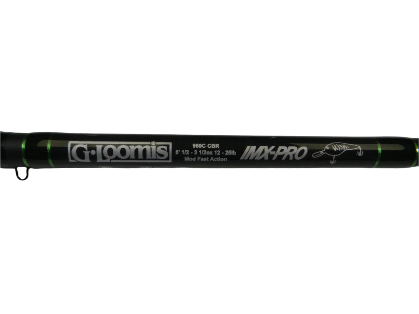 Close-up of an excellent condition black casting rod with white text that reads "G. Loomis IMX-PRO" and specifications: "969C CBR 8'0" XH," featuring green accents. Perfect for those in the Rod and Reel Trade-In Program seeking quality used gear or store credit options.