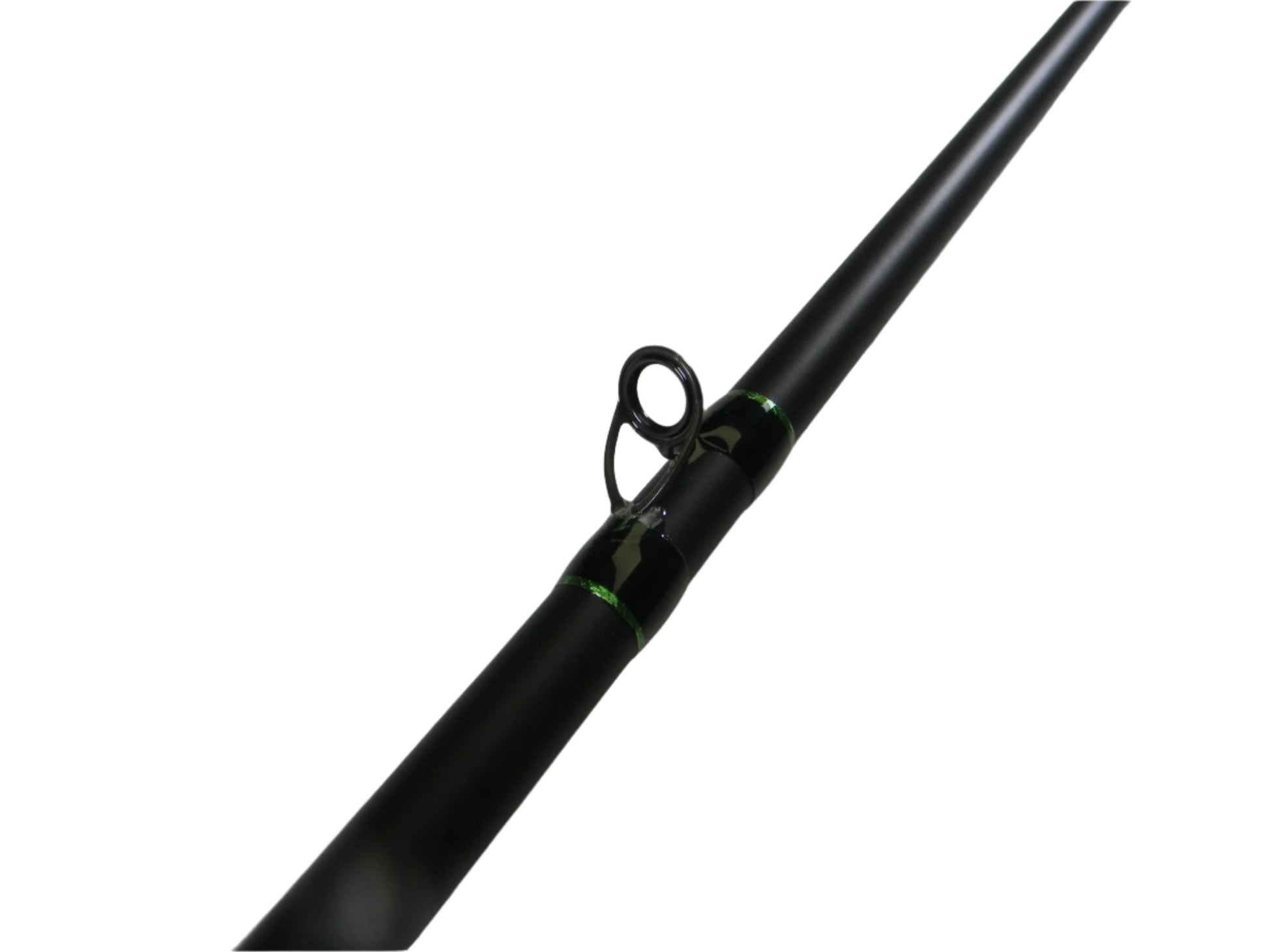 Close-up image of a G. Loomis IMX-PRO 969C CBR 8'0" XH casting rod, highlighting the guide ring with green accents. The used gear is in black, displayed against a light-colored backdrop. Take advantage of our Rod and Reel Trade-In Program to earn store credit for your next upgrade.