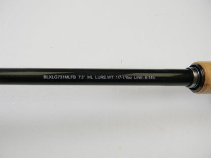 Close-up of the Daiwa BLX BLXLG731MLFB 7'3" Medium Light casting rod handle, featuring a light wood finish and supporting a 1/7-7/8 oz lure weight with a 6-14 lb line. Consider trading it in through our Rod and Reel Trade-In Program for store credit.